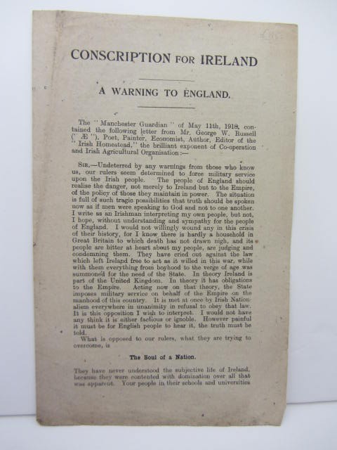 Conscription for Ireland. A Warning to England. The scarcest of AE's celebrated open letters (1919) by A.E. [George Russell]