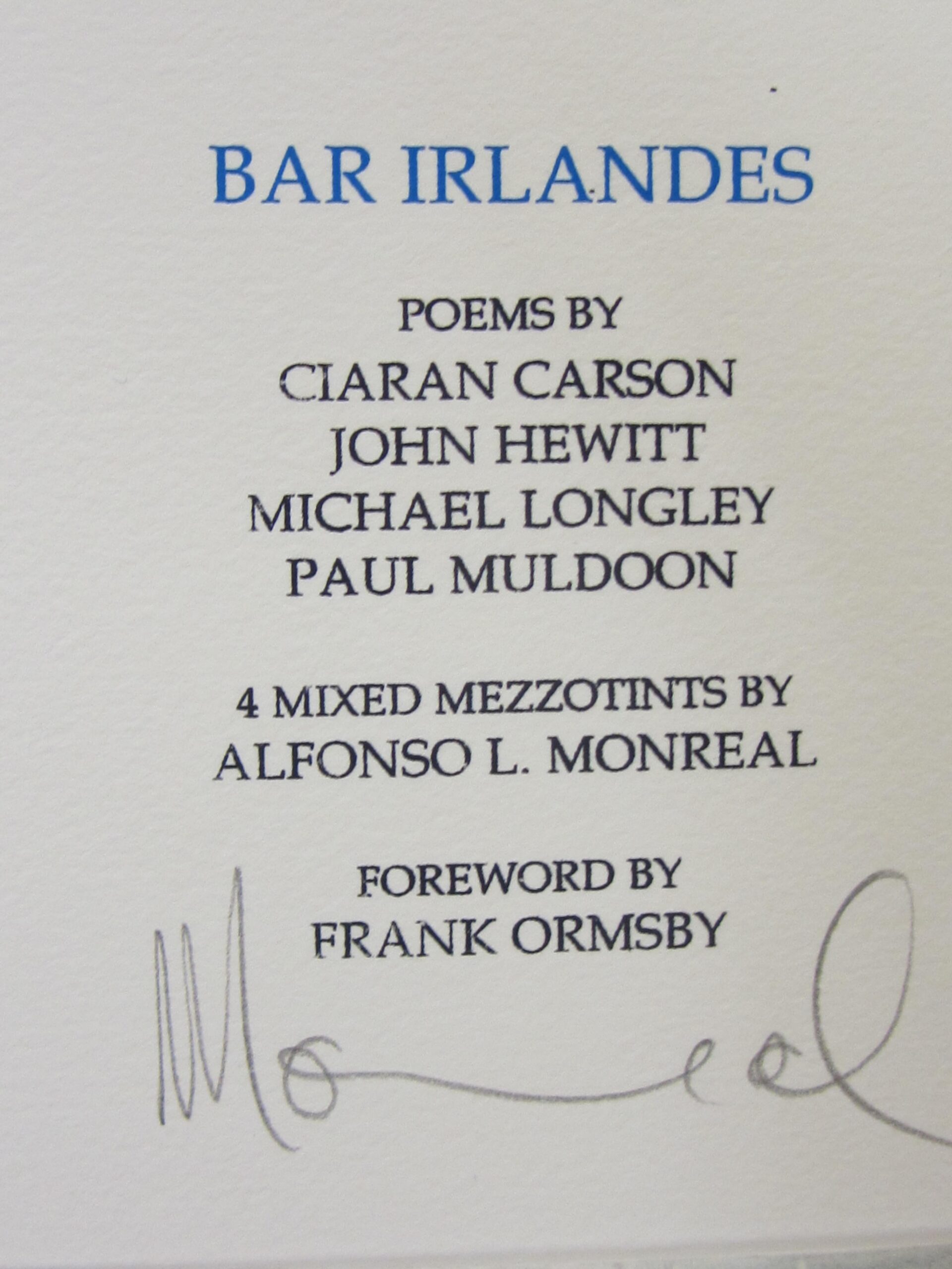 Bar Irlandes. Poems. One of 25 Copies Signed by the Artist (1999) by Carson