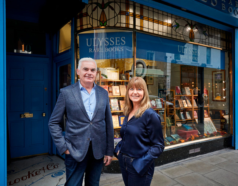 David and Aisling standing outside Ulyssess Rare Books